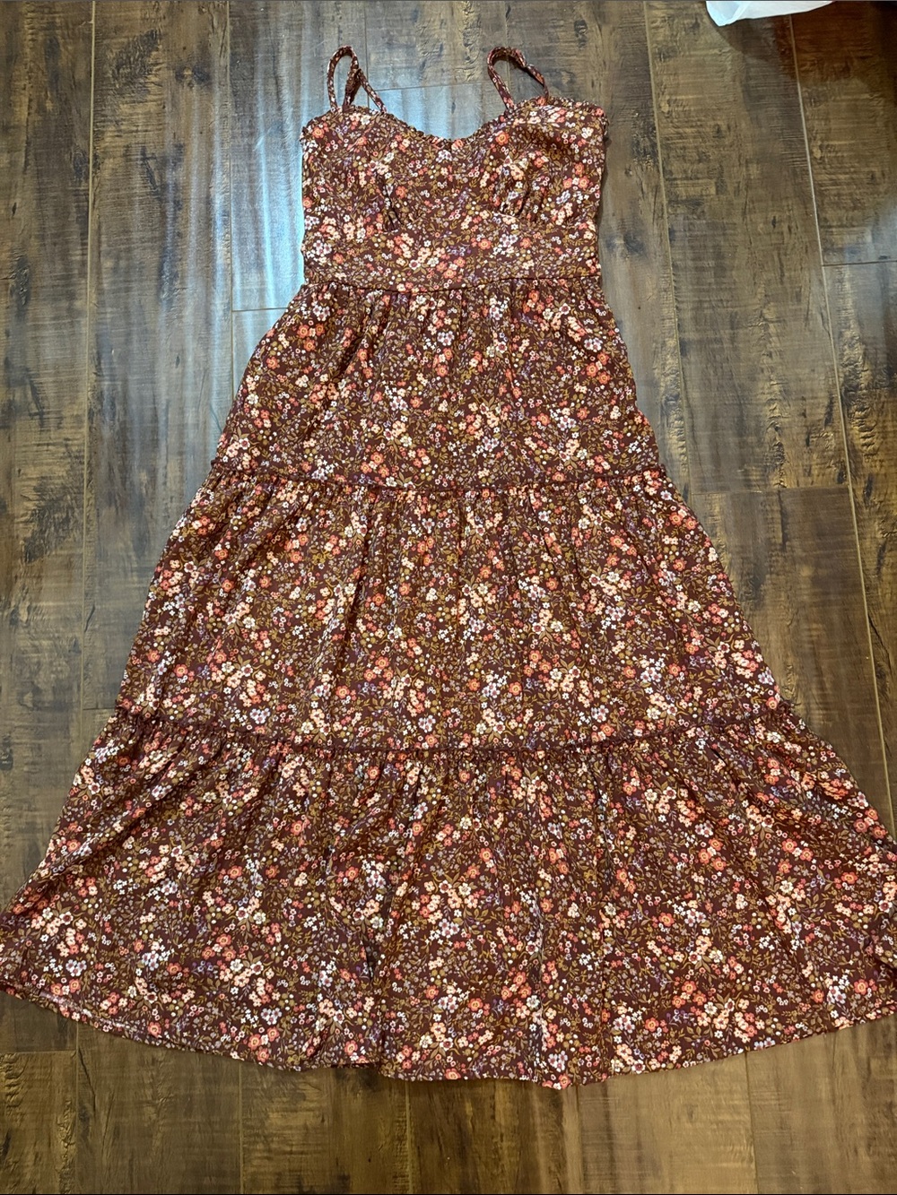 Brown Floral Tiered Sundress with Spaghetti Straps